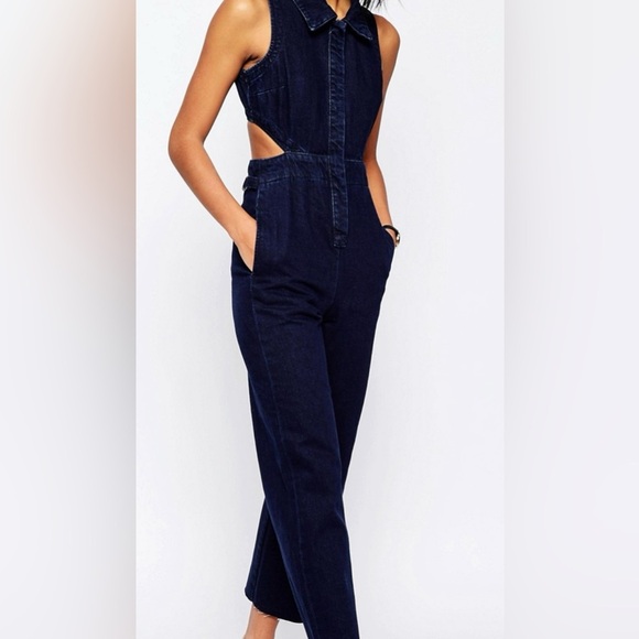 ASOS Back Cutout Dark Wash Blue Denim Jumpsuit Collared Sleeveless size 10 - Picture 3 of 16